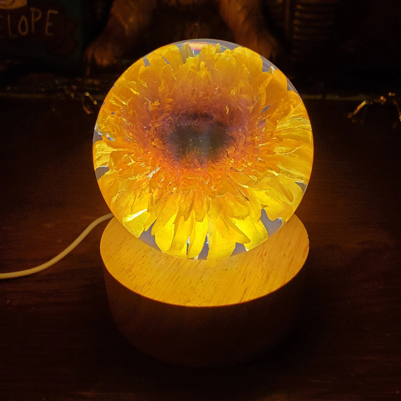 Sunflower Resin Sphere with Light Base